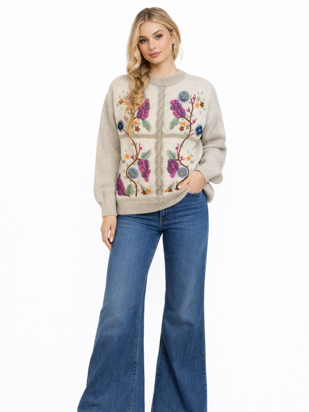 Vintage Huntington Ridge Floral Embroidered Sweater Womens Medium Ivory Boho